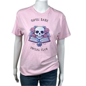 Light Pink Short Sleeve Graphic GOTH BABE SOCIAL CLUB Skull Roses & Books
